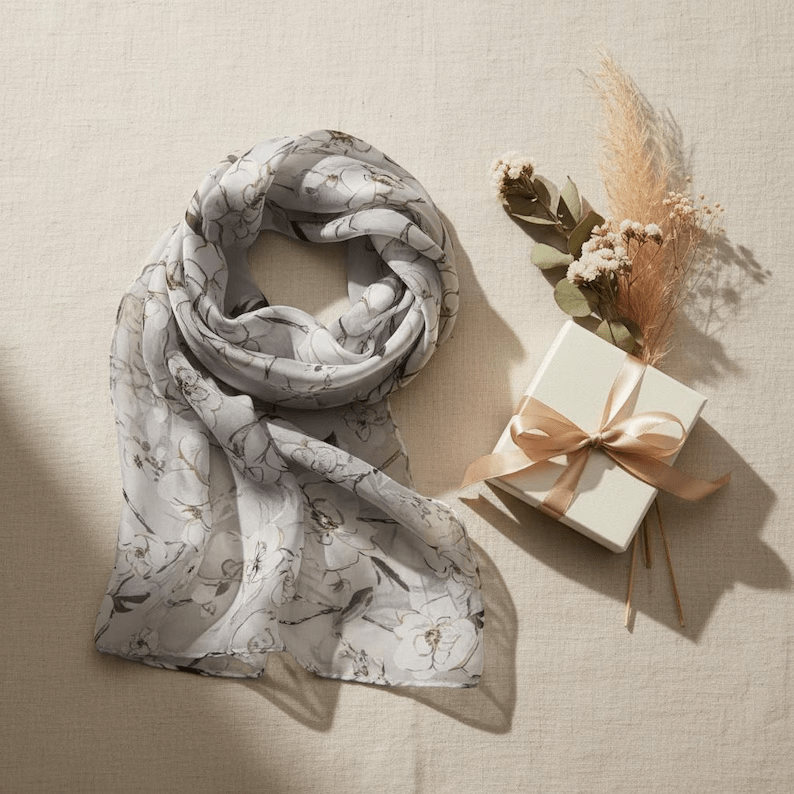 Luxury Silk Scarf, Hand Painted Ivory Floral Wrap, Sheer Magnolia Womens Scarf Gift, Lightweight Elegant Scarf for Her - Ammpoure