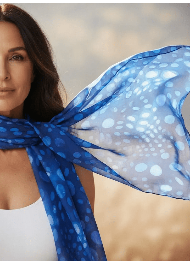 Luxury Silk Scarf, Hand Painted Sapphire Blue Wrap, Abstract Pebble Womens Scarf Gift, Lightweight Elegant Scarf for Her - Ammpoure