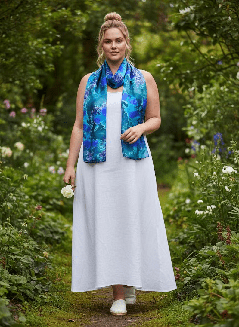 Luxury Silk Scarf, Hand Painted Teal Blue Wrap, Jewel Tone Peacock Womens Scarf Gift, Lightweight Elegant Scarf for Her - Ammpoure