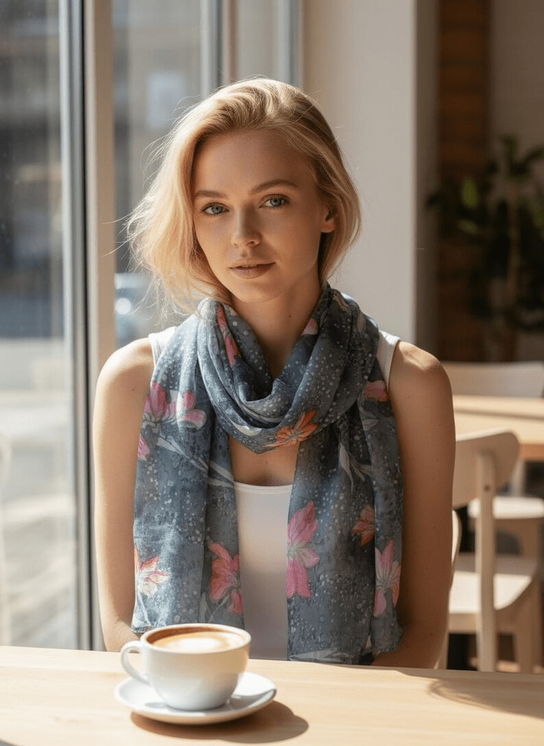 Luxury Silk Scarf, Hand Painted Teal Floral Wrap, Pink Coral Lily Womens Scarf Gift, Lightweight Elegant Scarf for Her - Ammpoure