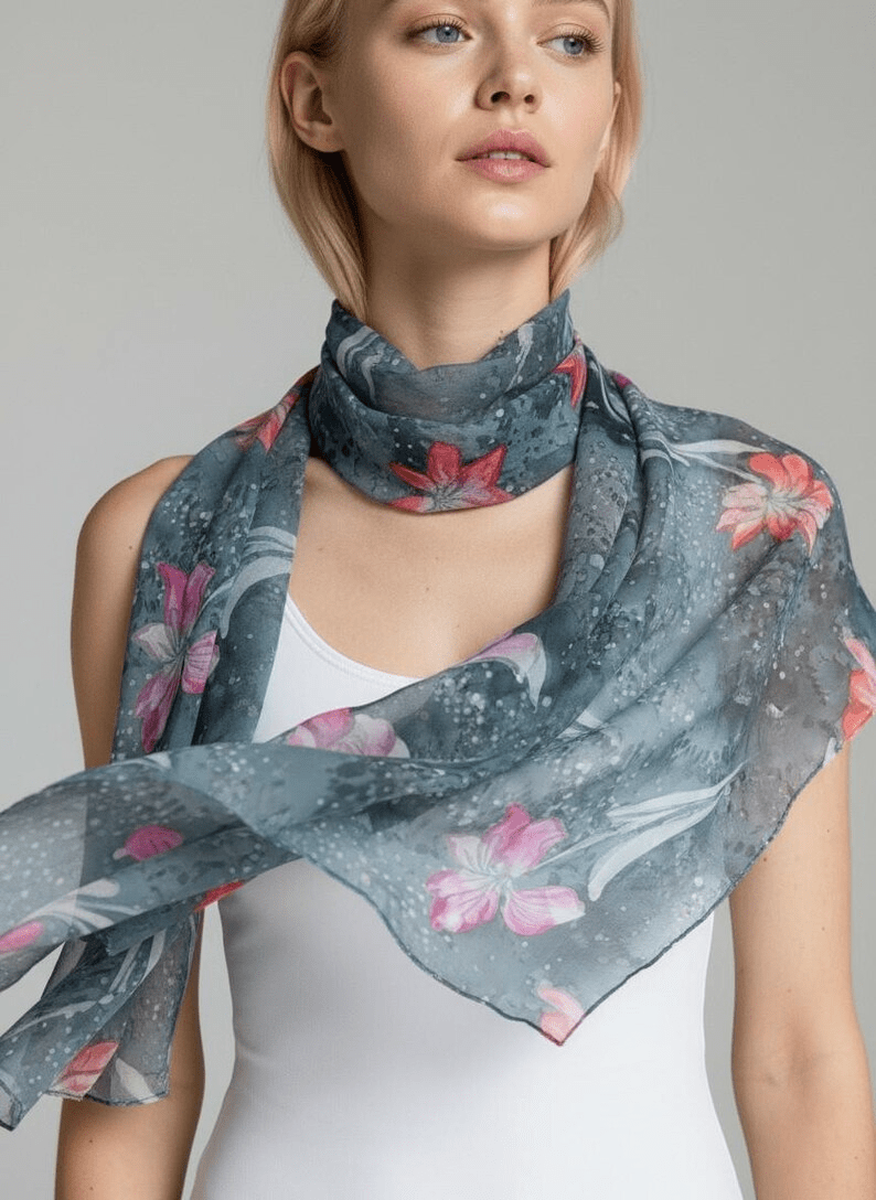 Luxury Silk Scarf, Hand Painted Teal Floral Wrap, Pink Coral Lily Womens Scarf Gift, Lightweight Elegant Scarf for Her - Ammpoure