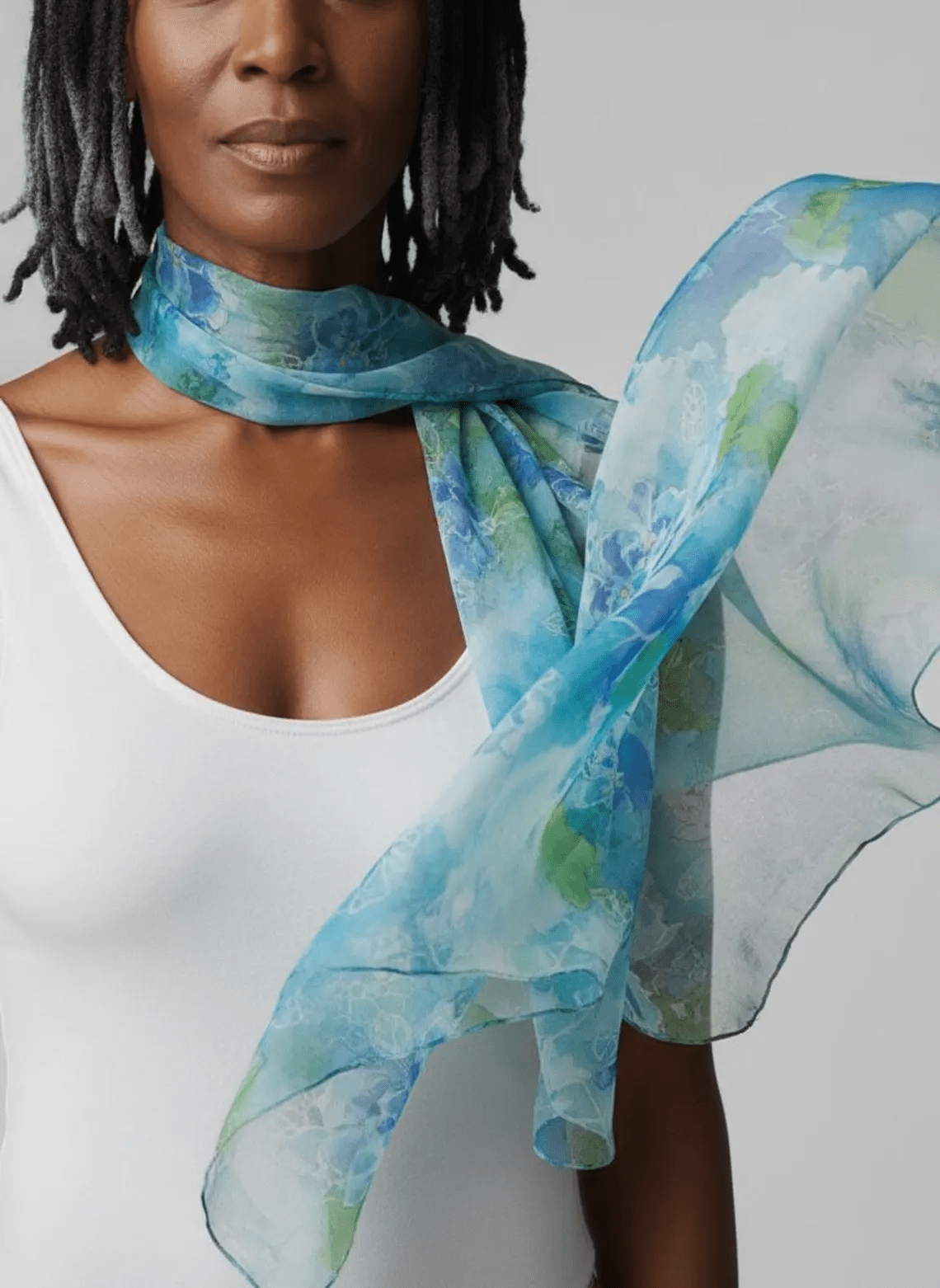 Luxury Silk Scarf, Hand Painted Turquoise Floral Wrap, Aqua Blue Rose Womens Scarf Gift, Lightweight Elegant Scarf for Her - Ammpoure