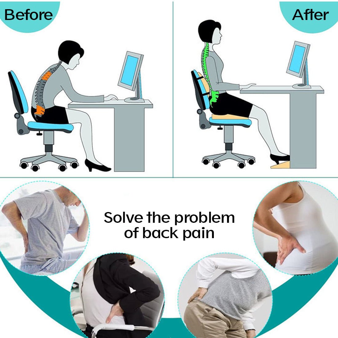 Memory Foam Seat Back Pain Support Booster Cushion Chair Car Pillow Lumbar Lower - Ammpoure