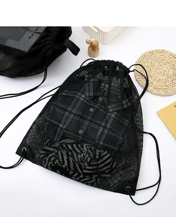Mesh Drawstring Bag Backpack Black Mesh Bags Heavy Duty Soccer Ball Net Bag Equipment Bag for Gym Beach Swimming Gears - Ammpoure