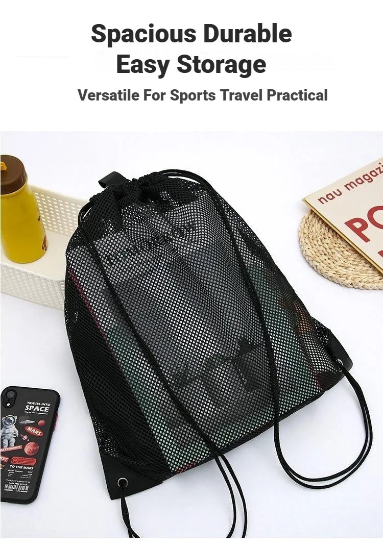 Mesh Drawstring Bag Backpack Black Mesh Bags Heavy Duty Soccer Ball Net Bag Equipment Bag for Gym Beach Swimming Gears - Ammpoure