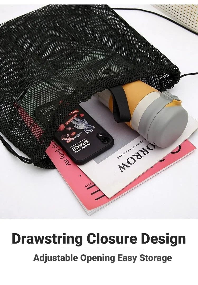 Mesh Drawstring Bag Backpack Black Mesh Bags Heavy Duty Soccer Ball Net Bag Equipment Bag for Gym Beach Swimming Gears - Ammpoure