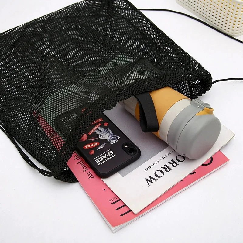 Mesh Drawstring Bag Backpack Black Mesh Bags Heavy Duty Soccer Ball Net Bag Equipment Bag for Gym Beach Swimming Gears - Ammpoure