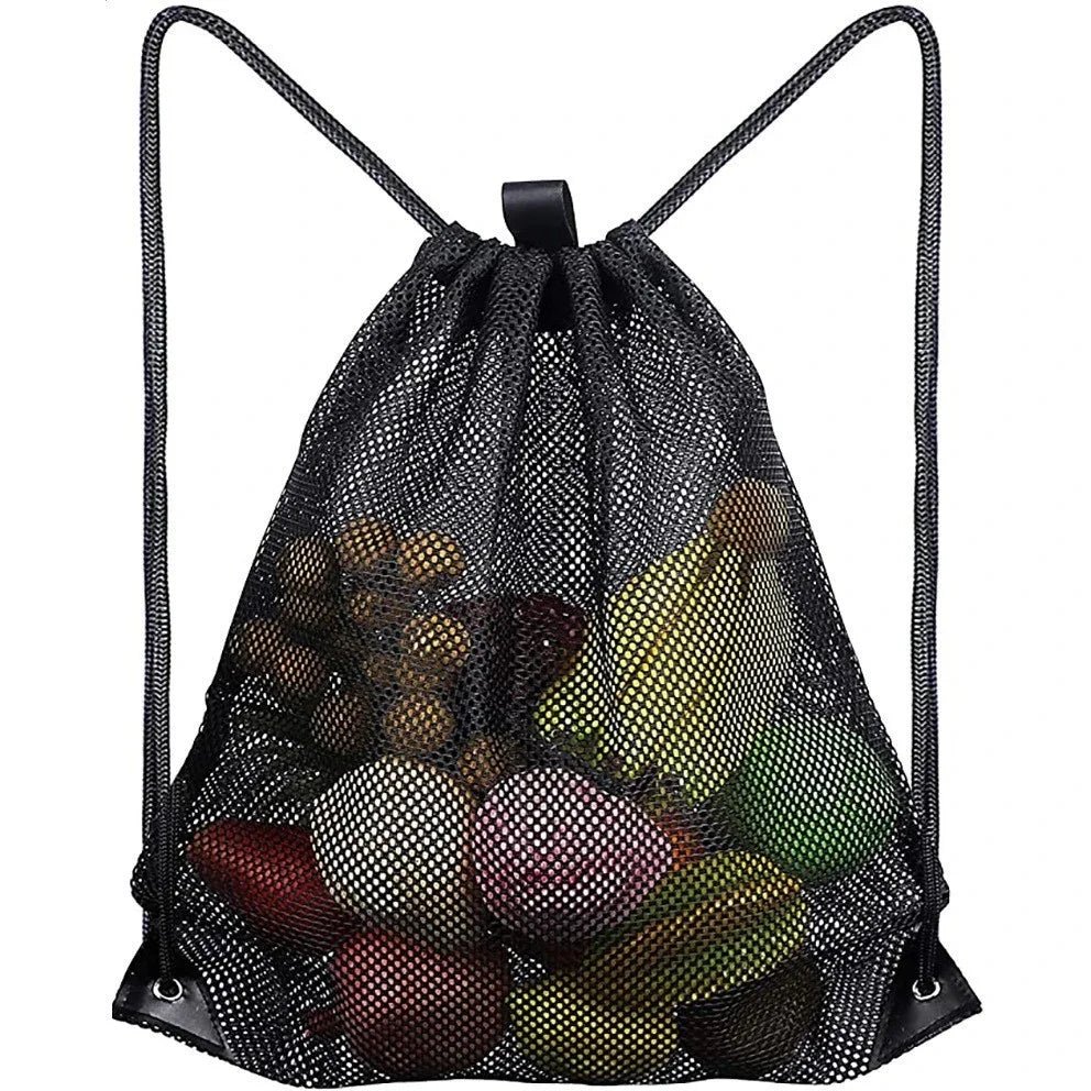 Mesh Drawstring Bag Backpack Black Mesh Bags Heavy Duty Soccer Ball Net Bag Equipment Bag for Gym Beach Swimming Gears - Ammpoure