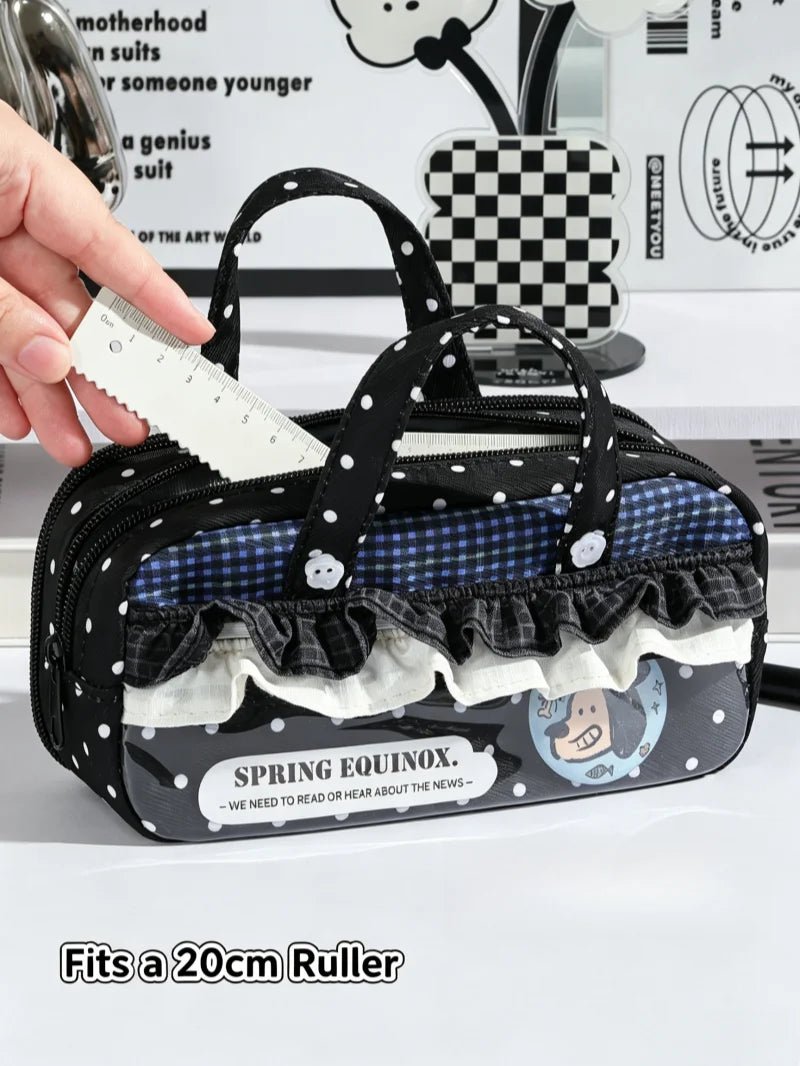New Cute Multi-Compartment Handle Pencil Case USA Large Capacity Polka Dot Lace Ruffle Stationery Organizer Student Pen Pouch - Ammpoure