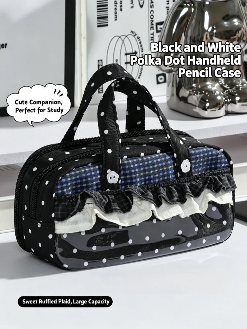 New Cute Multi-Compartment Handle Pencil Case USA Large Capacity Polka Dot Lace Ruffle Stationery Organizer Student Pen Pouch - Ammpoure