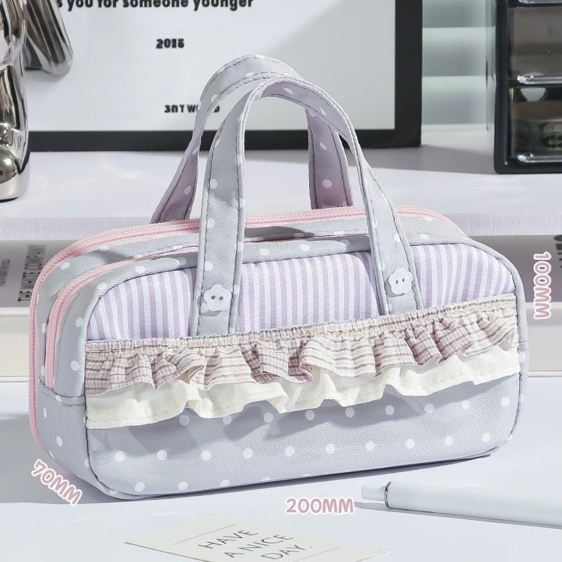New Cute Multi-Compartment Handle Pencil Case USA Large Capacity Polka Dot Lace Ruffle Stationery Organizer Student Pen Pouch - Ammpoure