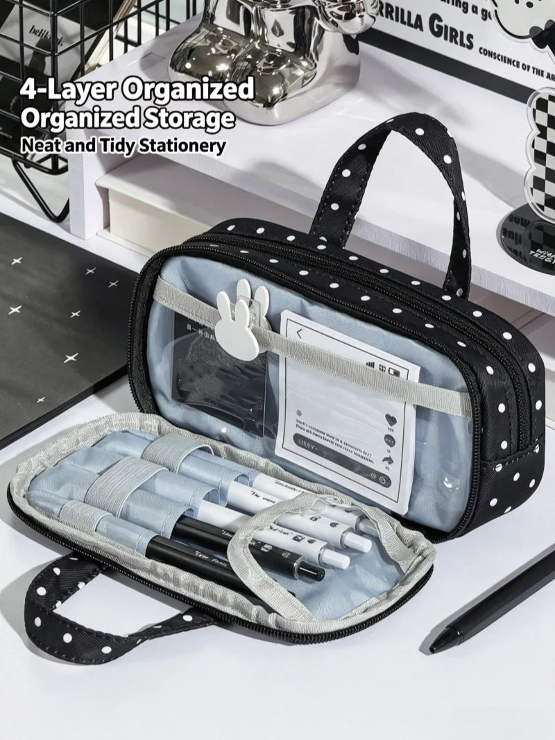 New Cute Multi-Compartment Handle Pencil Case USA Large Capacity Polka Dot Lace Ruffle Stationery Organizer Student Pen Pouch - Ammpoure
