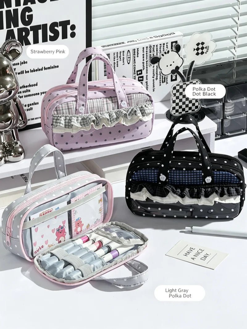 New Cute Multi-Compartment Handle Pencil Case USA Large Capacity Polka Dot Lace Ruffle Stationery Organizer Student Pen Pouch - Ammpoure