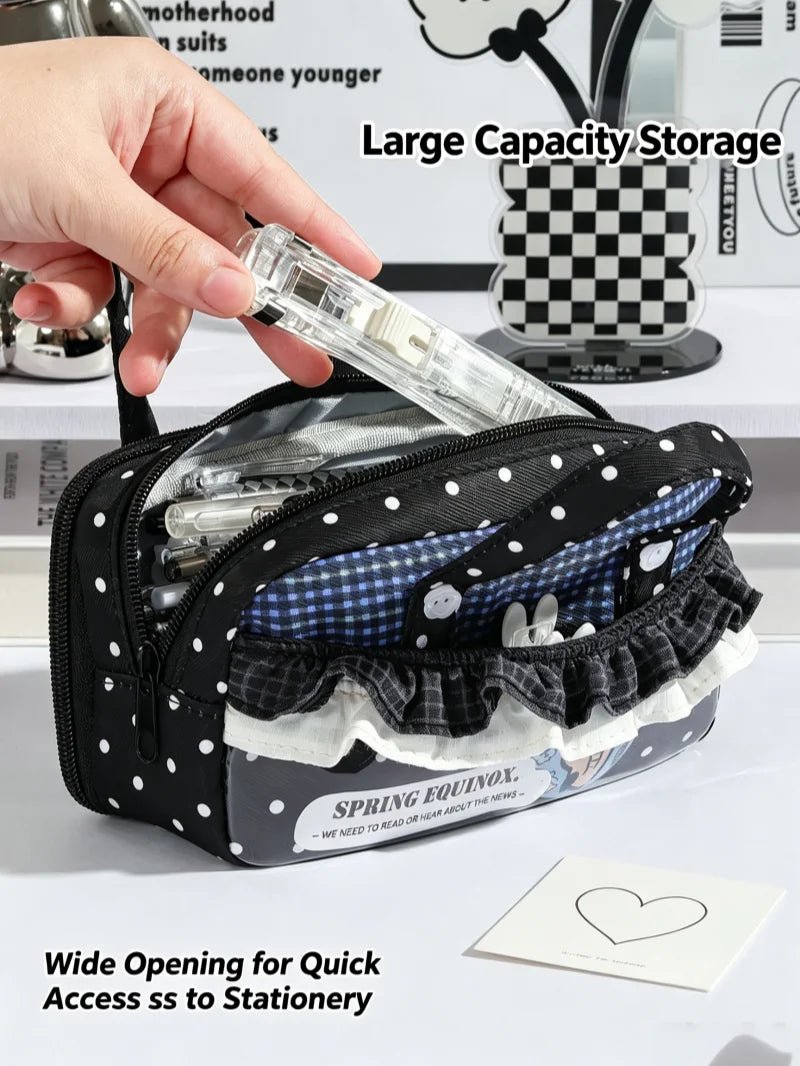 New Cute Multi-Compartment Handle Pencil Case USA Large Capacity Polka Dot Lace Ruffle Stationery Organizer Student Pen Pouch - Ammpoure