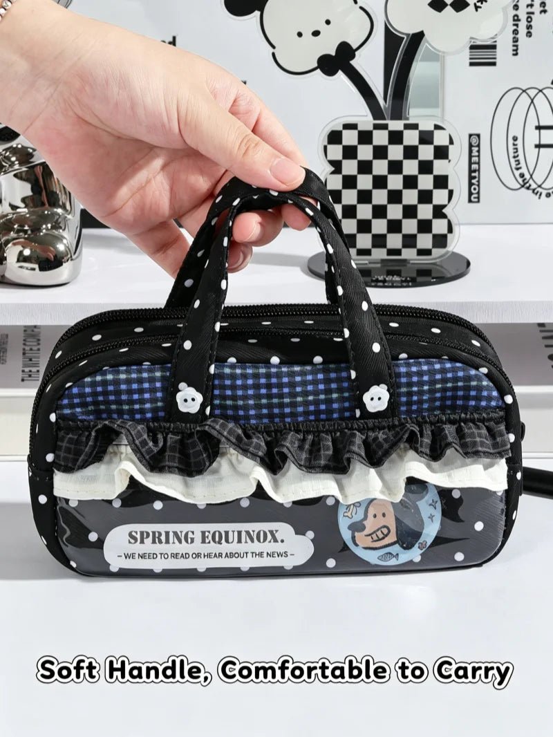 New Cute Multi-Compartment Handle Pencil Case USA Large Capacity Polka Dot Lace Ruffle Stationery Organizer Student Pen Pouch - Ammpoure