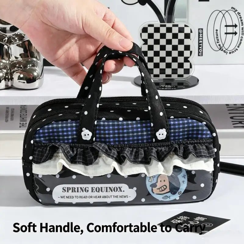 New Cute Multi-Compartment Handle Pencil Case USA Large Capacity Polka Dot Lace Ruffle Stationery Organizer Student Pen Pouch - Ammpoure