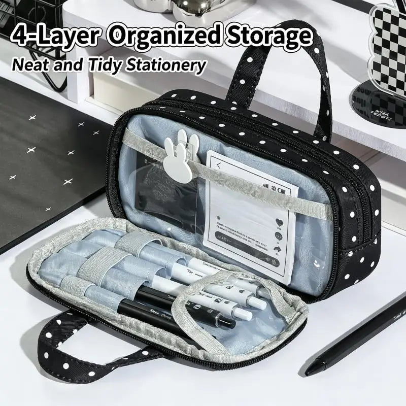 New Cute Multi-Compartment Handle Pencil Case USA Large Capacity Polka Dot Lace Ruffle Stationery Organizer Student Pen Pouch - Ammpoure