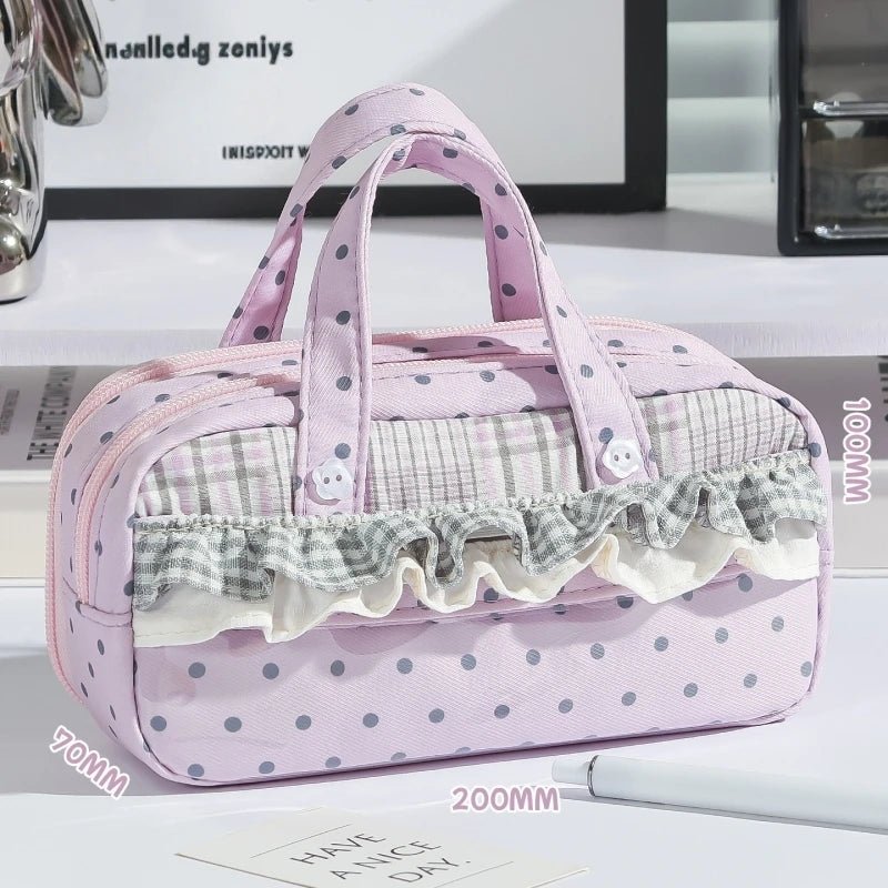 New Cute Multi-Compartment Handle Pencil Case USA Large Capacity Polka Dot Lace Ruffle Stationery Organizer Student Pen Pouch - Ammpoure