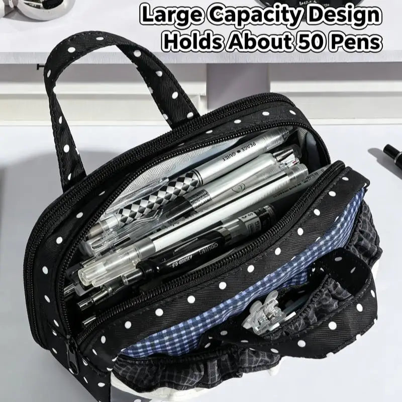 New Cute Multi-Compartment Handle Pencil Case USA Large Capacity Polka Dot Lace Ruffle Stationery Organizer Student Pen Pouch - Ammpoure
