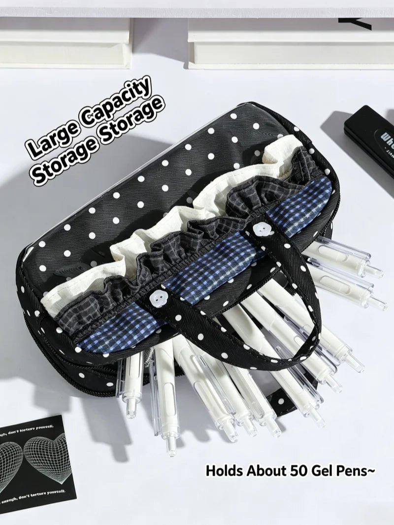 New Cute Multi-Compartment Handle Pencil Case USA Large Capacity Polka Dot Lace Ruffle Stationery Organizer Student Pen Pouch - Ammpoure