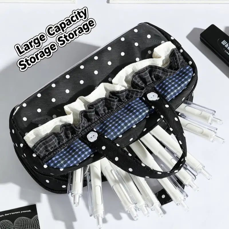 New Cute Multi-Compartment Handle Pencil Case USA Large Capacity Polka Dot Lace Ruffle Stationery Organizer Student Pen Pouch - Ammpoure