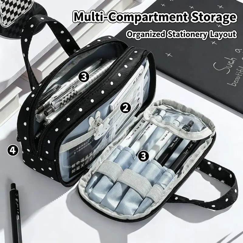 New Cute Multi-Compartment Handle Pencil Case USA Large Capacity Polka Dot Lace Ruffle Stationery Organizer Student Pen Pouch - Ammpoure