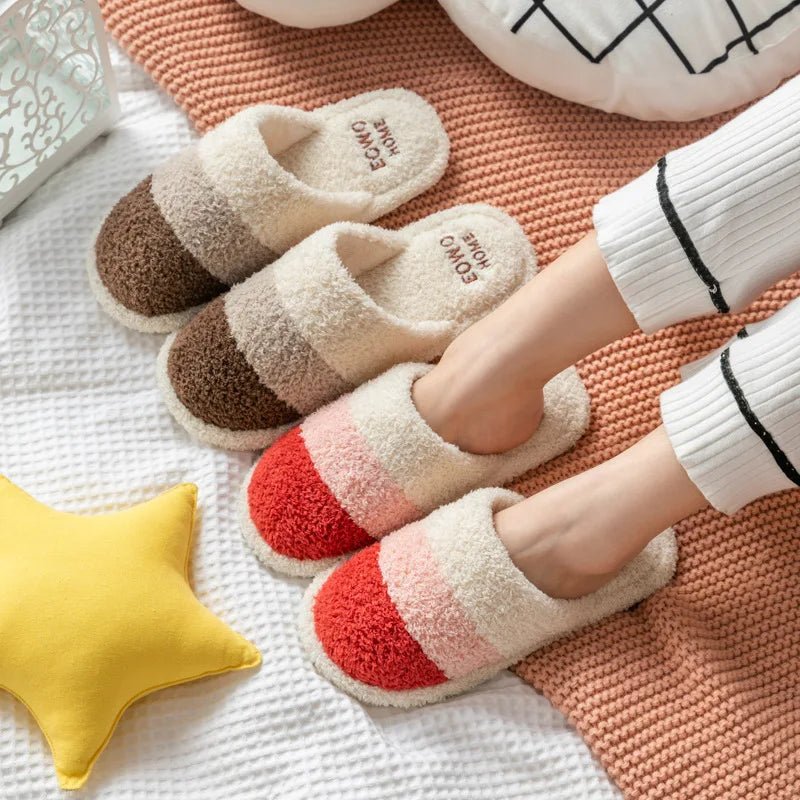 Non-Slip Plush House Slippers USA Women & Men Winter Couple Fuzzy Slippers, Thick-Sole Fleece-Lined Warm Indoor Booties - Ammpoure