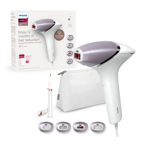 Philips Lumea Series 8000, IPL Hair Removal Device, with SenseIQ Technology, 4 Attachments for Body, Face, Bikini and Underarms, Satin Compact Pen Trimmer, Model BRI949/00 - Ammpoure Wellbeing