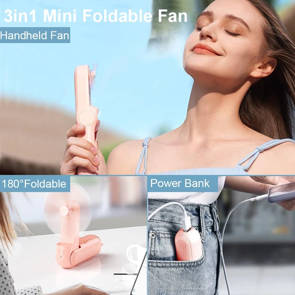 Portable Mini Handheld Fan Small Pocket Fan USB Rechargeable Battery Fan Folding Cooling Hand Fan Mini USB Fan with Power Bank - Ammpoure