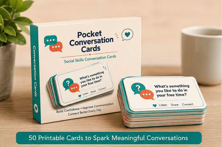 Printable Social Skills Cards | Daily Conversation Prompts PDF | Digital Pocket Icebreakers Deck | Communication & Networking Flashcards - Ammpoure