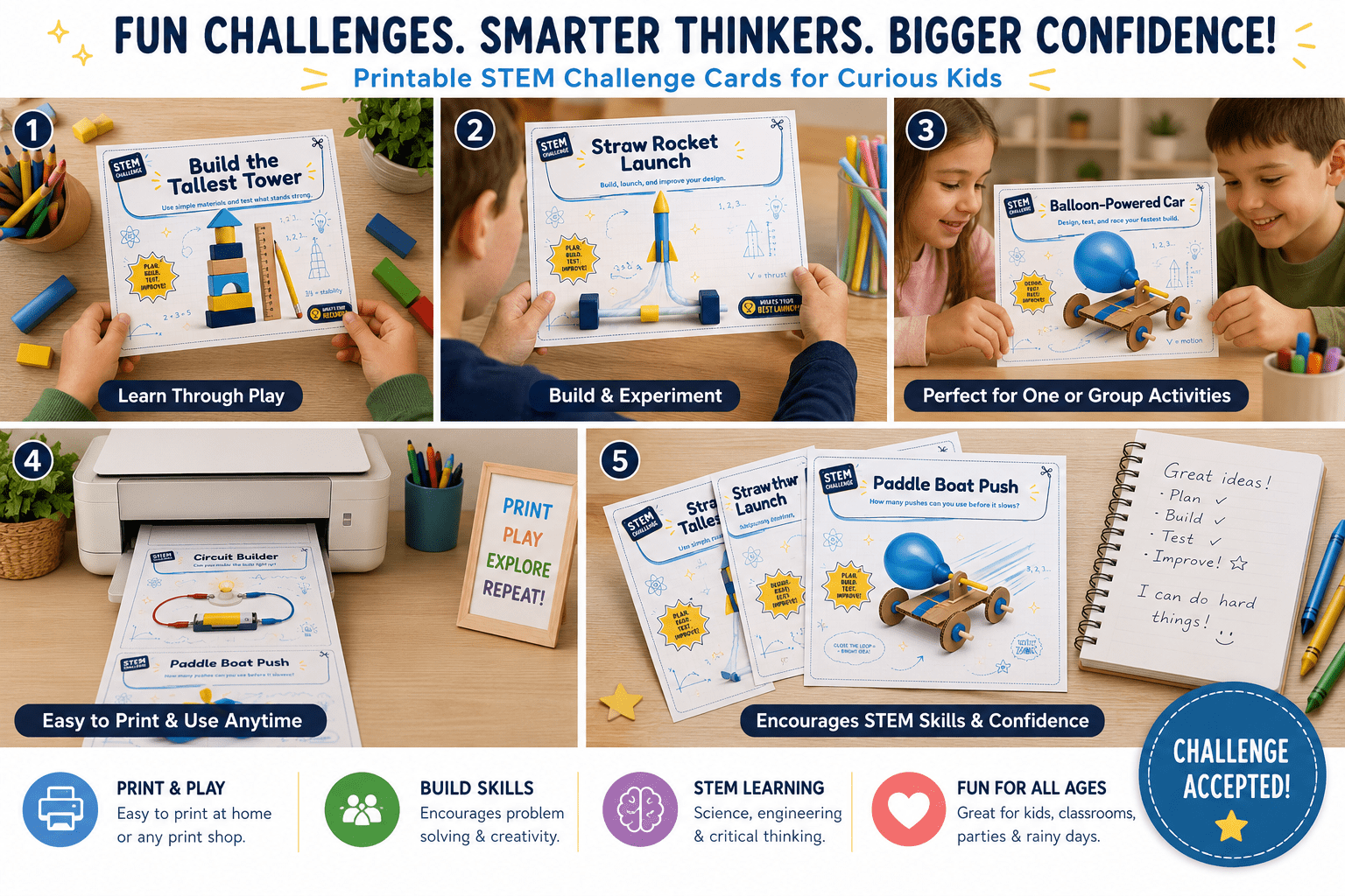 Printable STEM Challenge Cards | Hands On Science Engineering Project Worksheets PDF | Homeschool Classroom Activity Deck | Kids Invention - Ammpoure