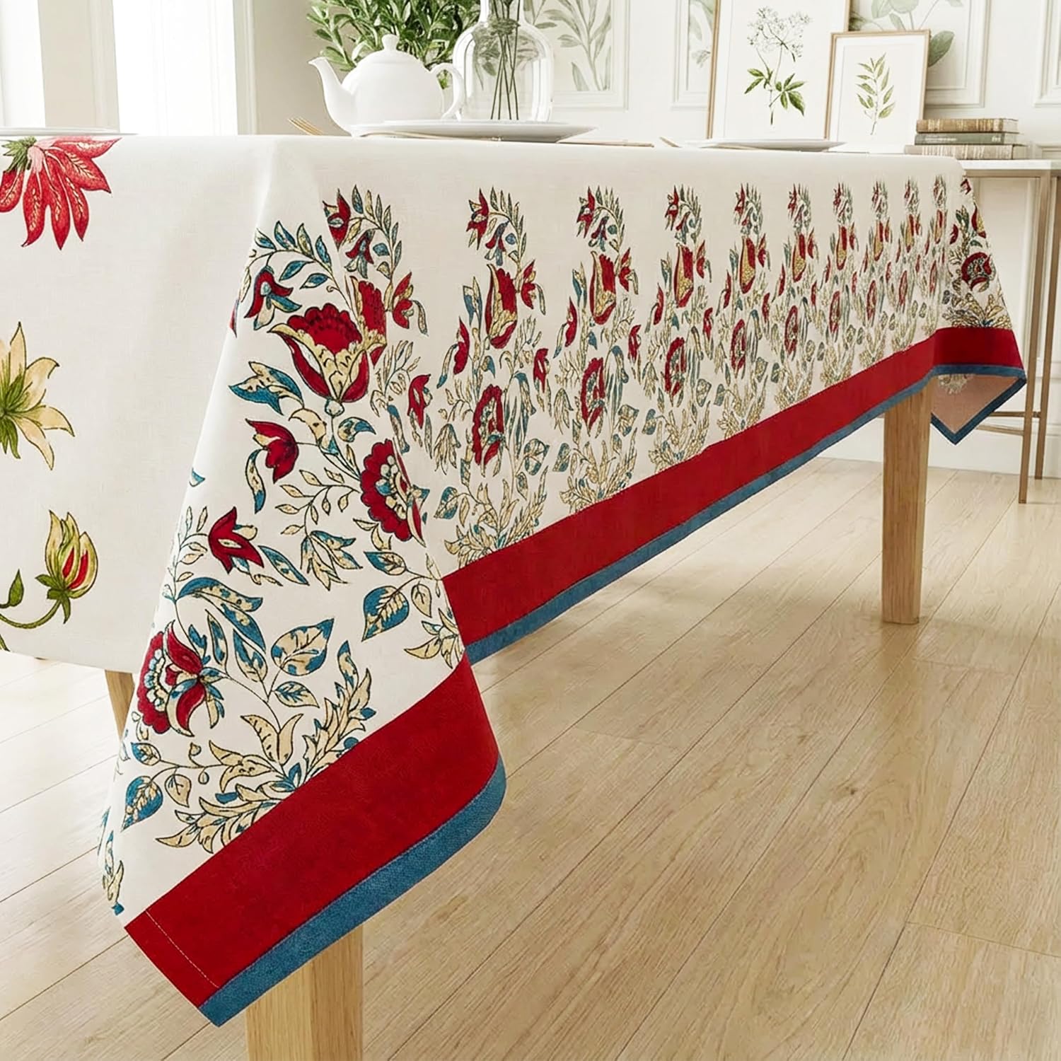 Printed Cotton Table Cloth 4 Seater Square – Dining Table Cover Cloth, Washable Table Cloth for Dining Table – 150 x 150 CM - Ivory Melody - Ammpoure
