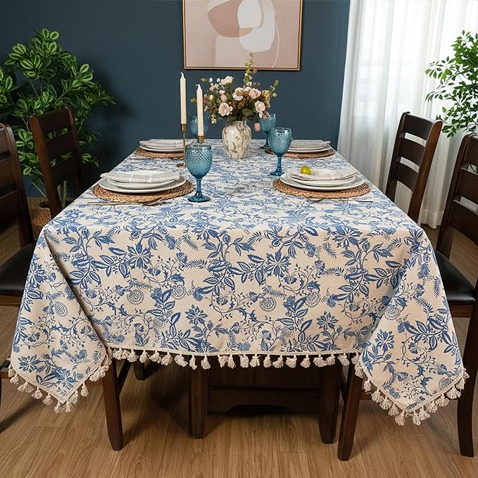 Printed Cotton Tablecloth with Tassel| 150 x 150 cm Square – Washable & Colorfast Table Cover for Dining Room, Farmhouse, Kitchen, Home, Party & Wedding Décor - Vintage Floral Navy - Ammpoure