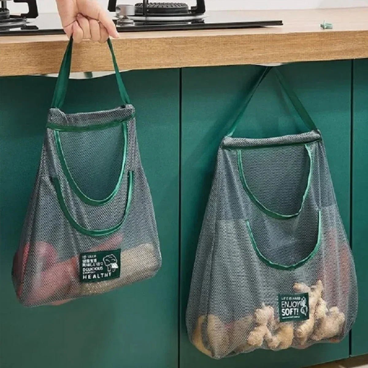 Reusable Hanging Mesh Storage Bag for Kitchen, Store Onion Potato Ginger Garlic Vegetables Home Use - Ammpoure