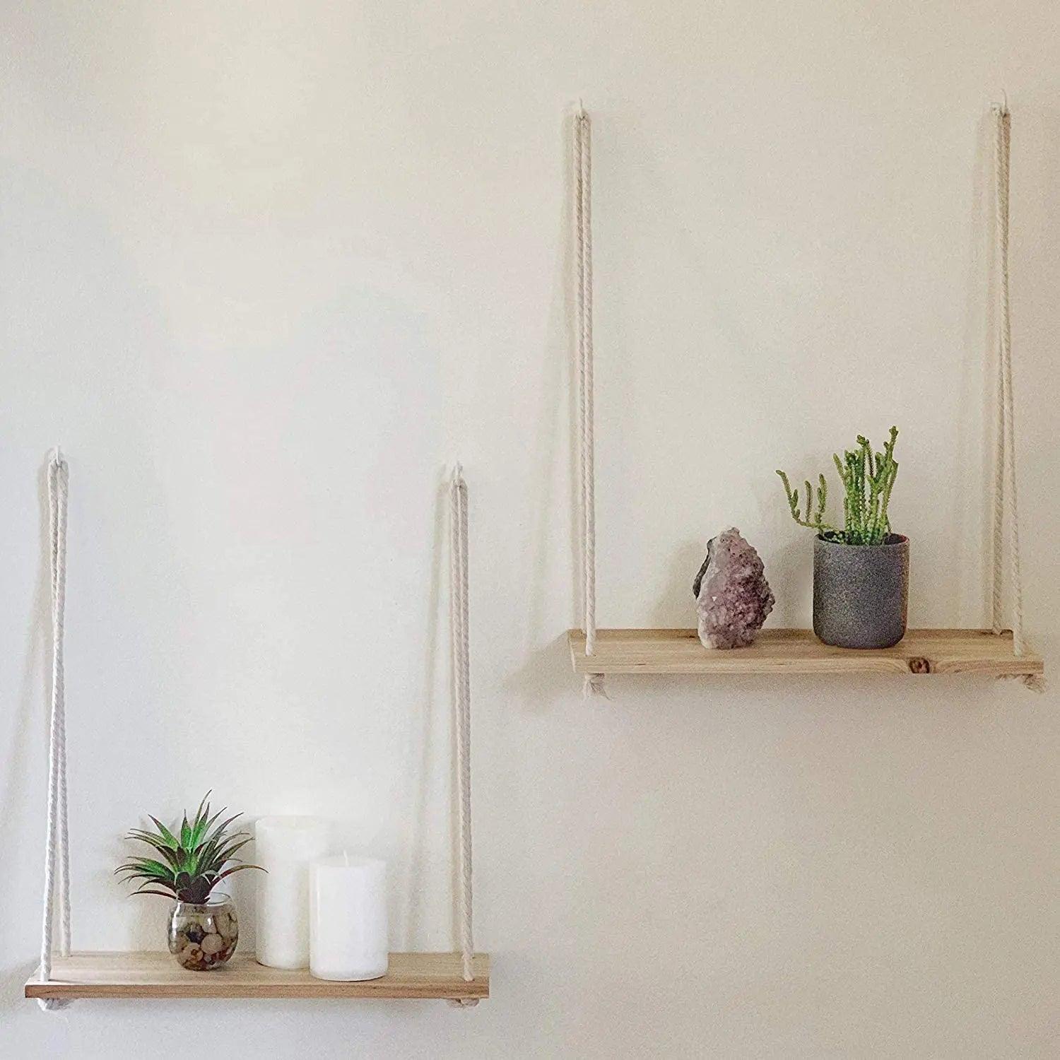 Rope Swing Wall Hanging Plant Flower Pot Tray Mounted Floating Wall Shelves Nordic Home Decoration Moredn Simple Design - Ammpoure Wellbeing
