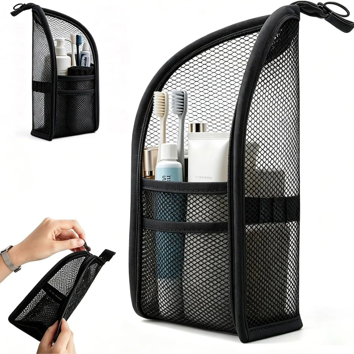Standing Mesh Toiletry Bag USA Portable EVA Waterproof Travel Foldable Toothbrush Cosmetic Organizer Women Bathroom Storage Pouch - Ammpoure