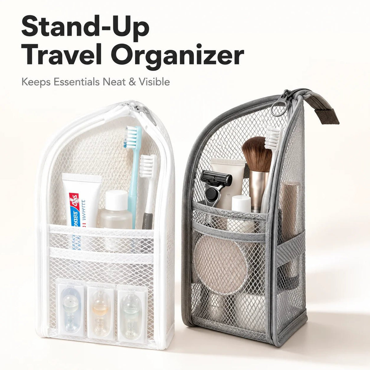 Standing Mesh Toiletry Bag USA Portable EVA Waterproof Travel Foldable Toothbrush Cosmetic Organizer Women Bathroom Storage Pouch - Ammpoure