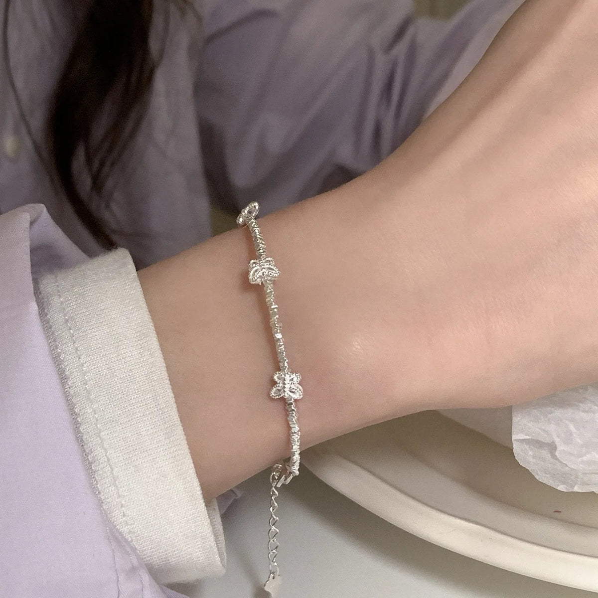 Sterling Silver Butterfly Bracelet USA for Girls Beaded String Design Insect Fashion Versatile Jewelry Gift Dropshipping - Ammpoure