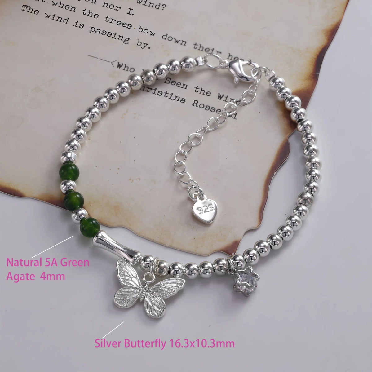 Sterling Silver Butterfly Bracelet USA for Girls Beaded String Design Insect Fashion Versatile Jewelry Gift Dropshipping - Ammpoure