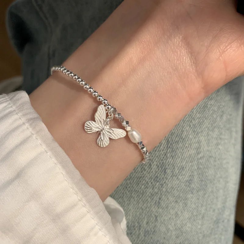 Sterling Silver Butterfly Bracelet USA for Girls Beaded String Design Insect Fashion Versatile Jewelry Gift Dropshipping - Ammpoure