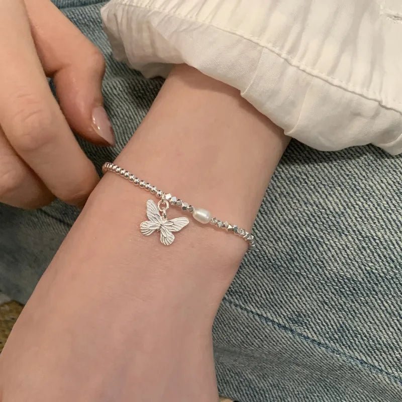 Sterling Silver Butterfly Bracelet USA for Girls Beaded String Design Insect Fashion Versatile Jewelry Gift Dropshipping - Ammpoure