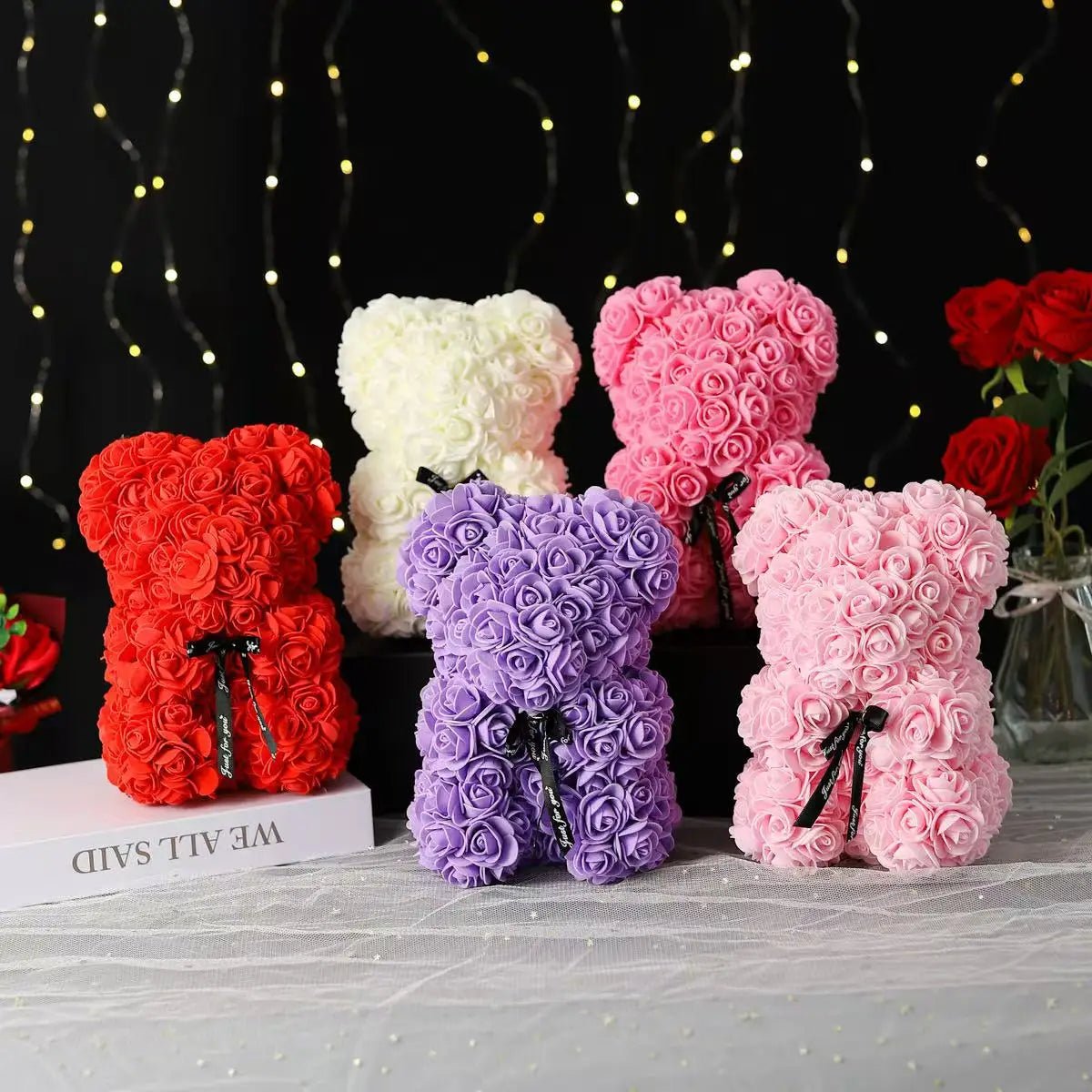 Teddy Rose Flower Bear with Box Romantic Valentines Day Gift Girlfriend Women Anniversary Wedding Party Supplies - Ammpoure