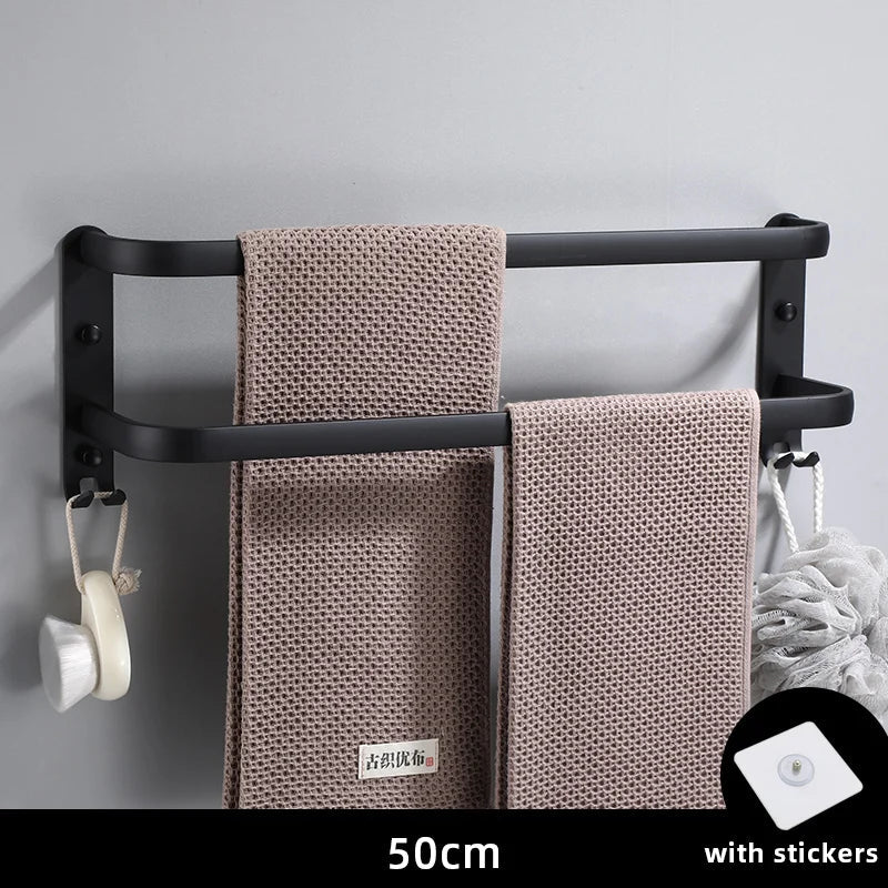 Towel Hanger Wall Mounted 30-50 CM Towel Rack Bathroom Aluminum Black Towel Bar Rail Matte Black Towel Holder with Sticker - Ammpoure