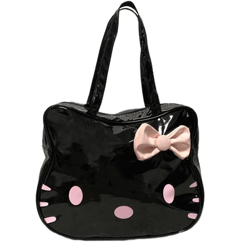 Travel Organizer Hello Kitty Handbags Y2k Bag 12.4inch*9.06inch 2023 Cartoon Print Tote Bag PU Glossy Black Tote Water Proof - Ammpoure Wellbeing 🇬🇧