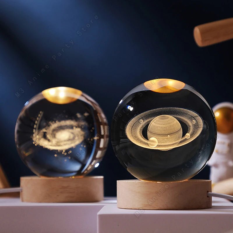 Unique 3D Crystal Ball Night Light LED Lamp Bedside Table Glowing Galaxy Lamp Saturn Planets Moon Children Birthday Gift Toy 8cm - Ammpoure