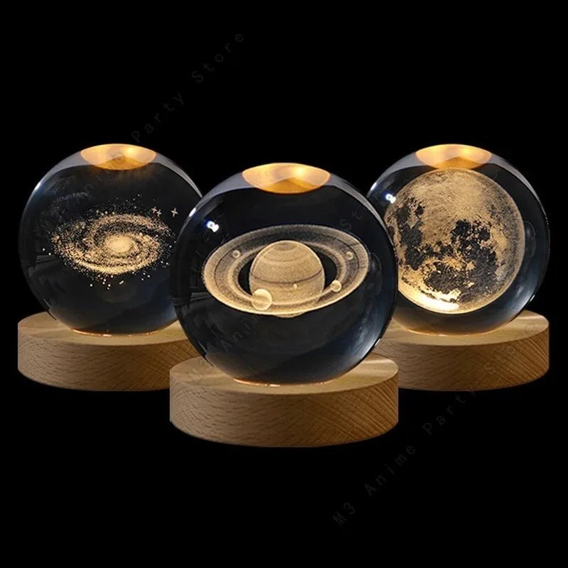 Unique 3D Crystal Ball Night Light LED Lamp Bedside Table Glowing Galaxy Lamp Saturn Planets Moon Children Birthday Gift Toy 8cm - Ammpoure