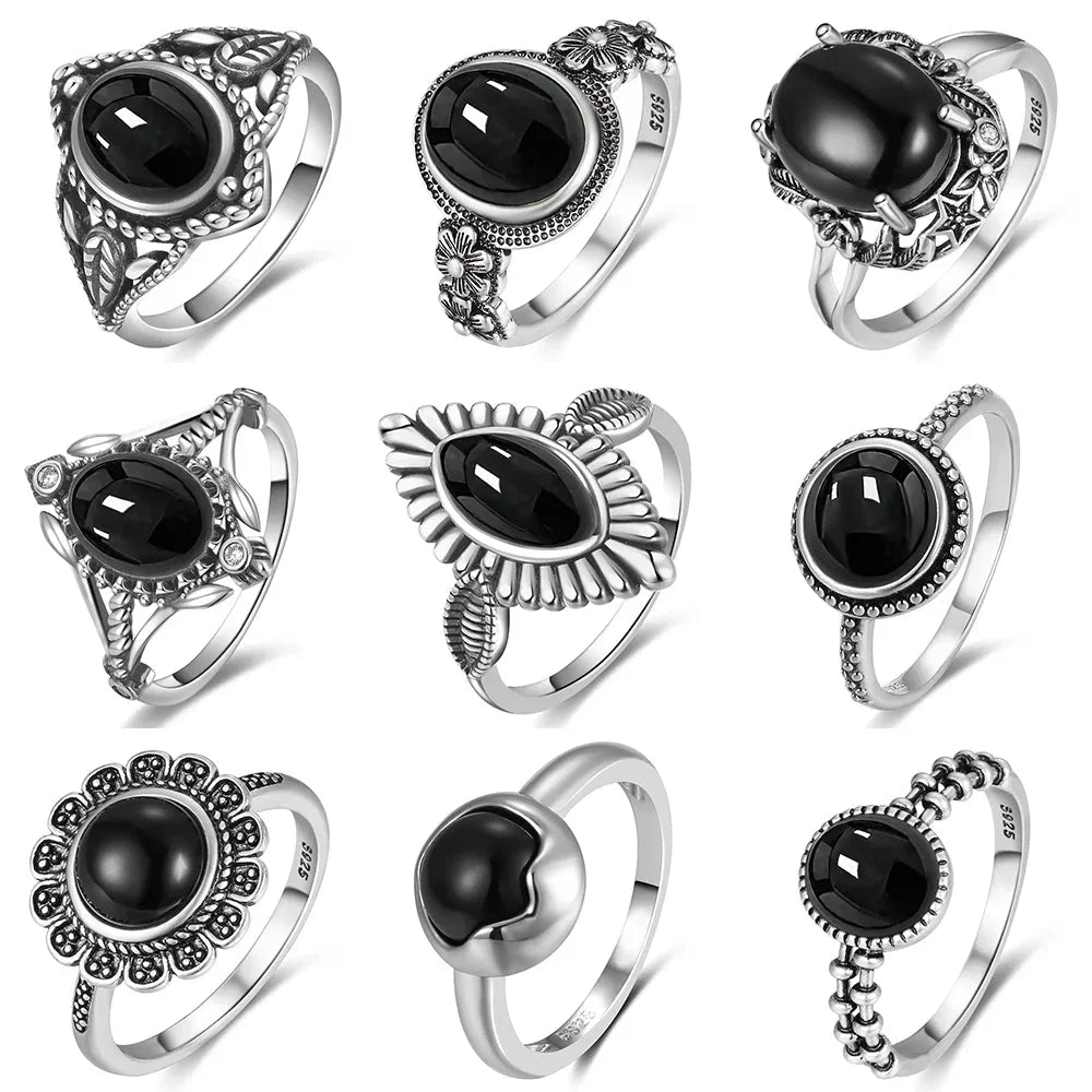 USA Silver Ring Natural Black Onyx Ring Circular Denier Type Horse Eye Design Gift Fine Jewelry Black Ring For Men Women - Ammpoure