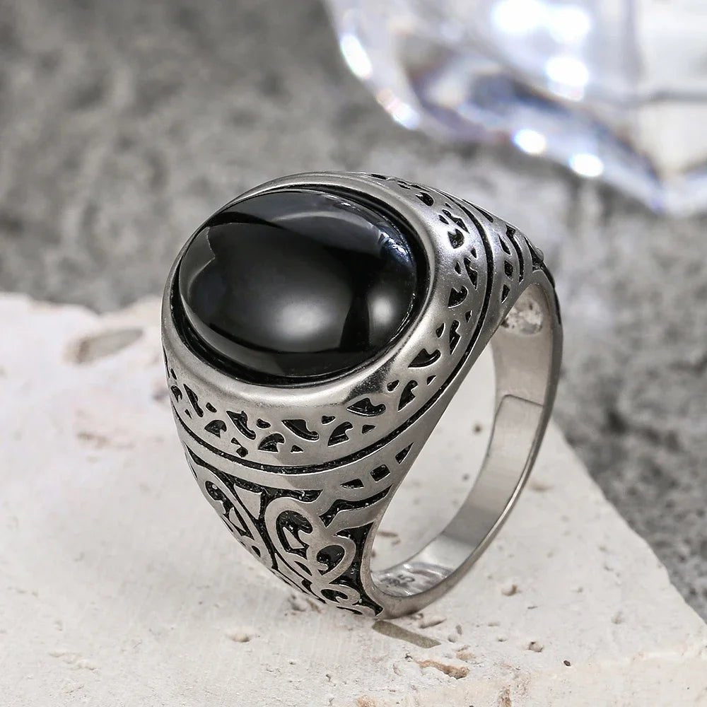 USA Silver Ring Natural Black Onyx Ring Circular Denier Type Horse Eye Design Gift Fine Jewelry Black Ring For Men Women - Ammpoure