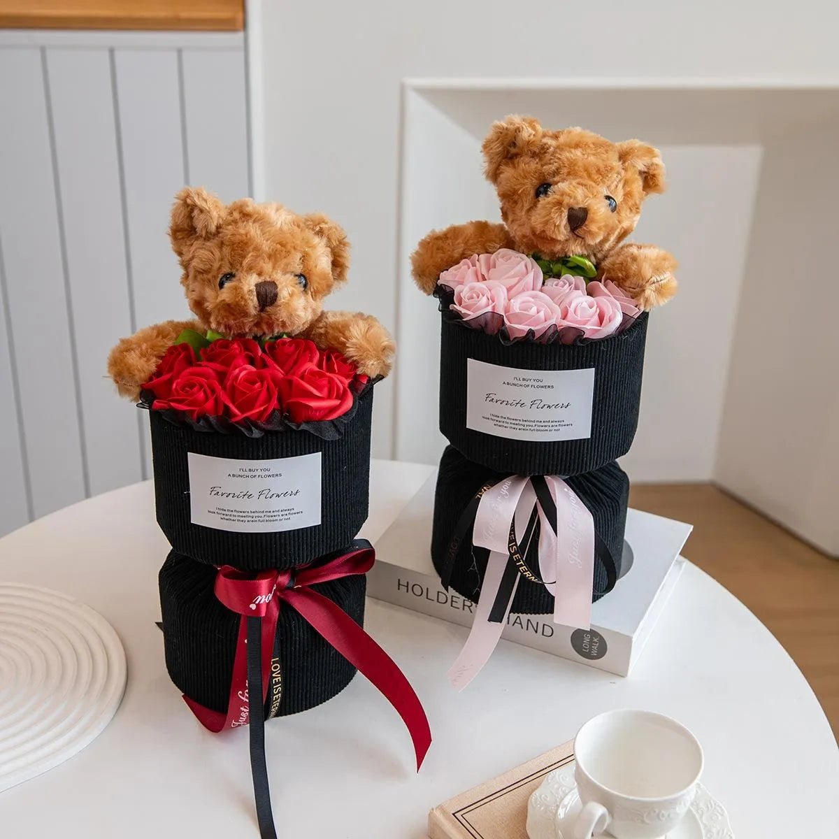 Valentine's Day Gift for Her Rose Bouquet with Cute Bear Artificial Flower Home Decor for Living Room Bedroom Wedding Decoration - Ammpoure