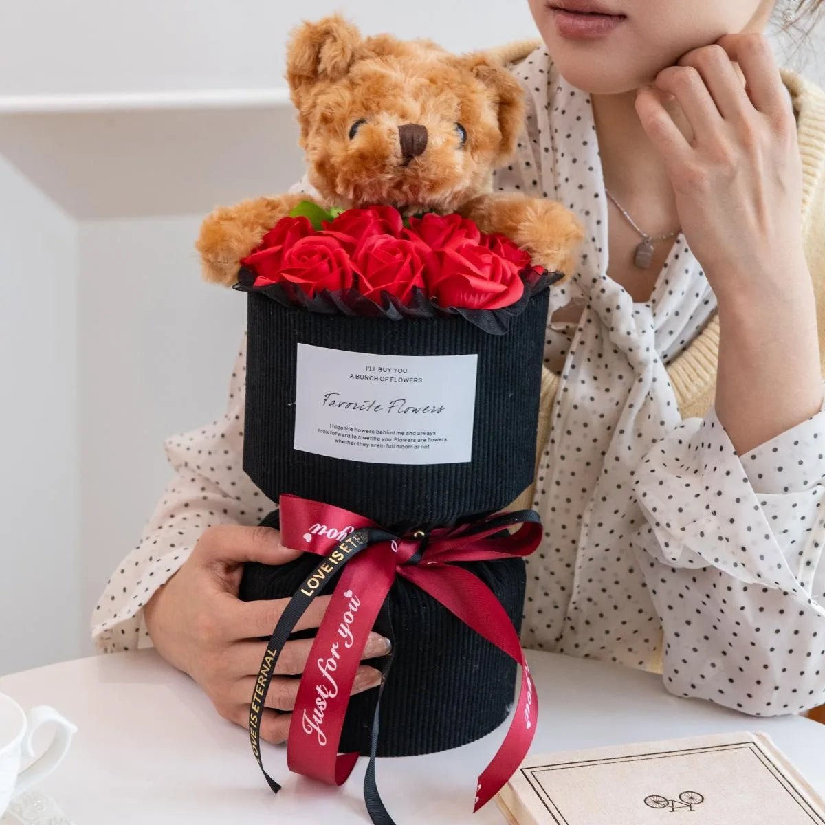 Valentine's Day Gift for Her Rose Bouquet with Cute Bear Artificial Flower Home Decor for Living Room Bedroom Wedding Decoration - Ammpoure